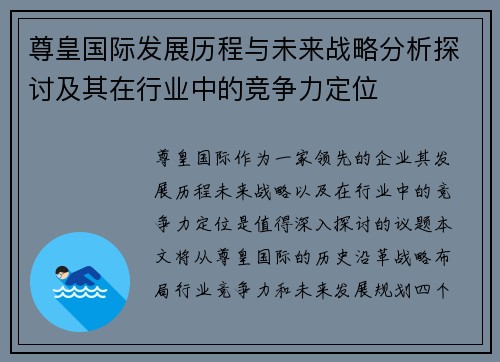 尊皇国际发展历程与未来战略分析探讨及其在行业中的竞争力定位